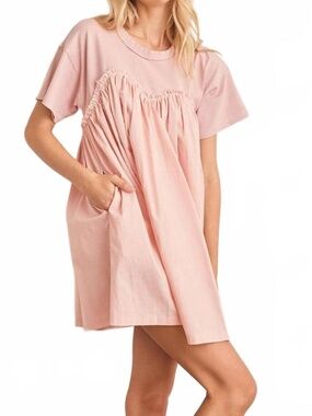 IN FEBRUARY Pink Babydoll T-Shirt Mini Dress Size M Cottagecore Boho feminine